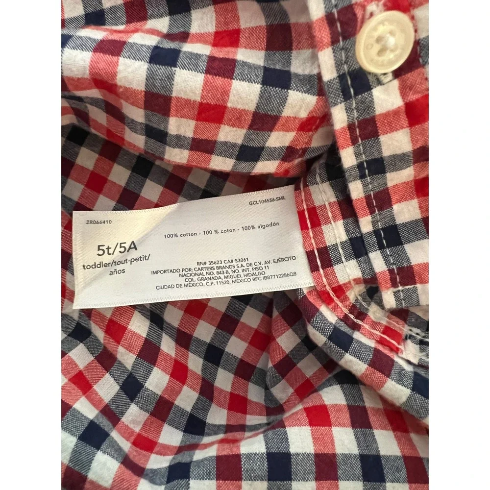 OshKosh Bgosh Toddler Boys Red White Blue Gingham Plaid Shirt 5T Short Sleeve